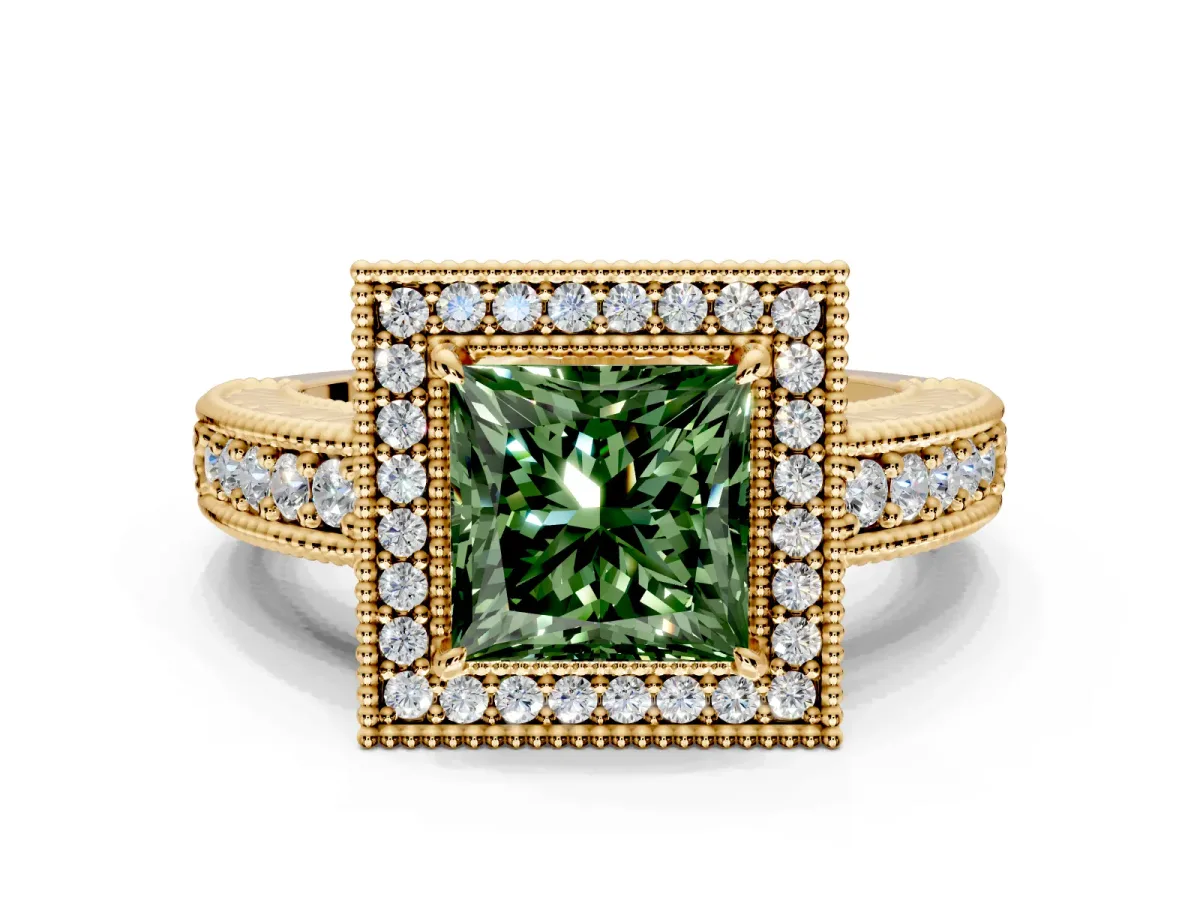 Milgrain Halo Engagement Ring Setting for Fancy Green Princess Cut Center with Pave Band and Prong Head in Yellow Gold