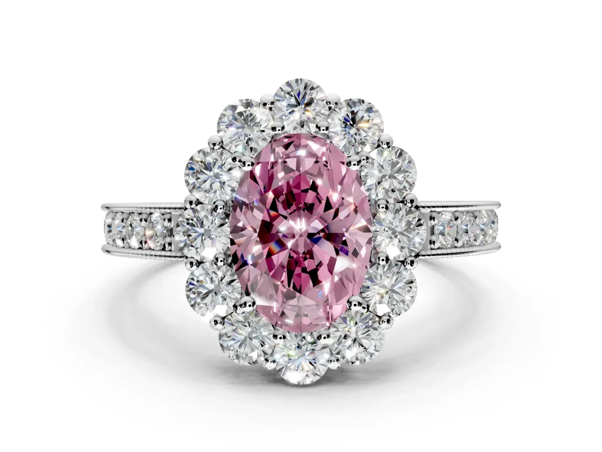 Halo Engagement Ring Setting for Fancy Pink Oval Center with Milgrain Channel Band and Prong Head in White Gold