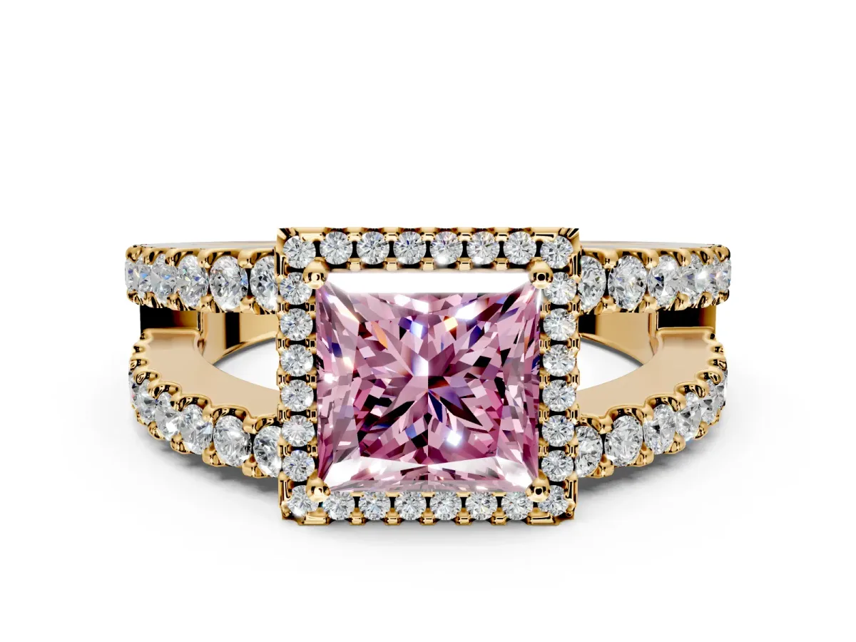 Halo Engagement Ring Setting for Fancy Pink Princess Cut Center with Wide-Open Pave Split Shank and Prong Head in Yellow Gold