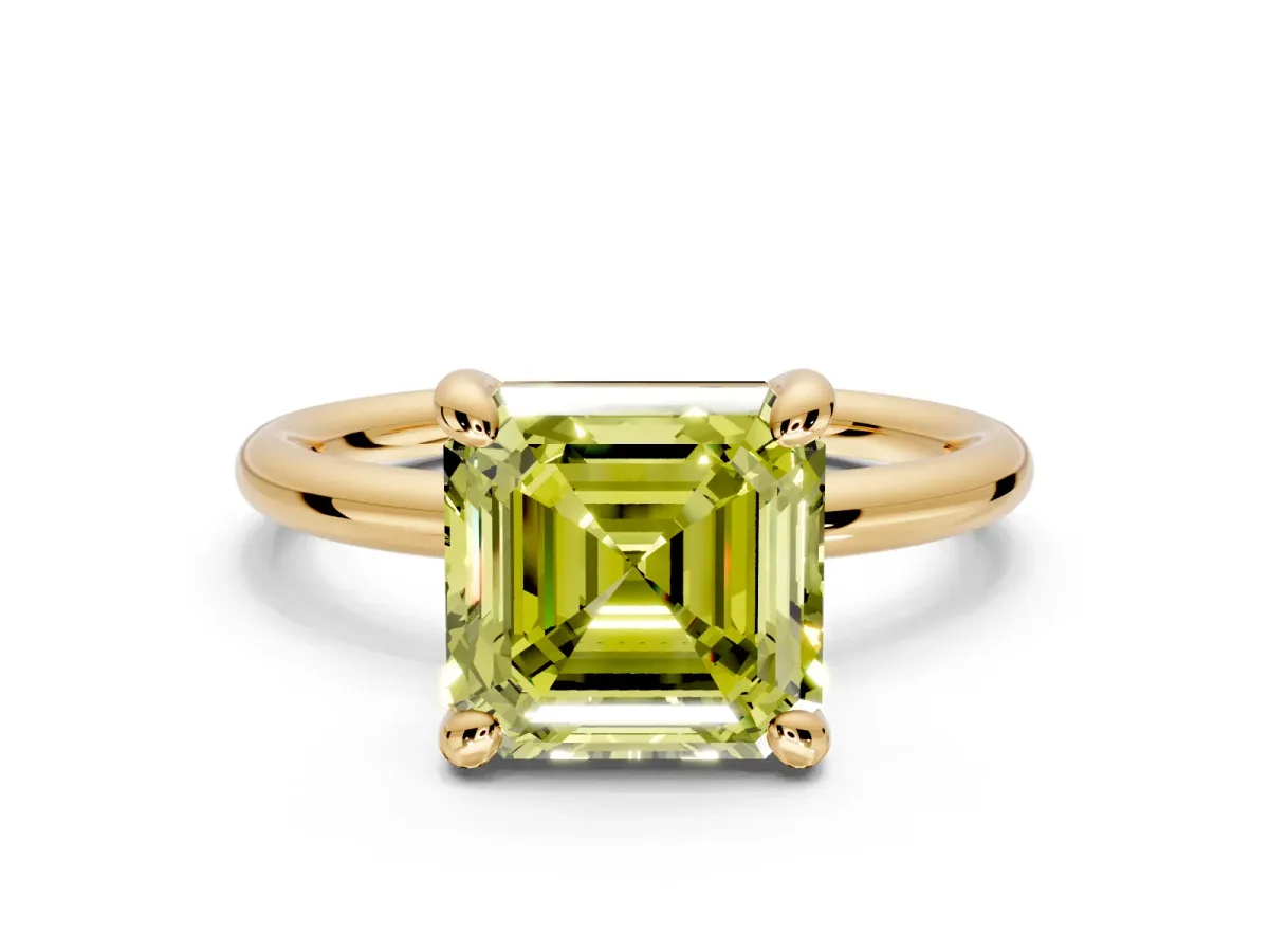 Low-Set Solitaire Engagement Ring Setting for Fancy Yellow Asscher Cut Center with Thin Plain Band and Prong Head in Yellow Gold