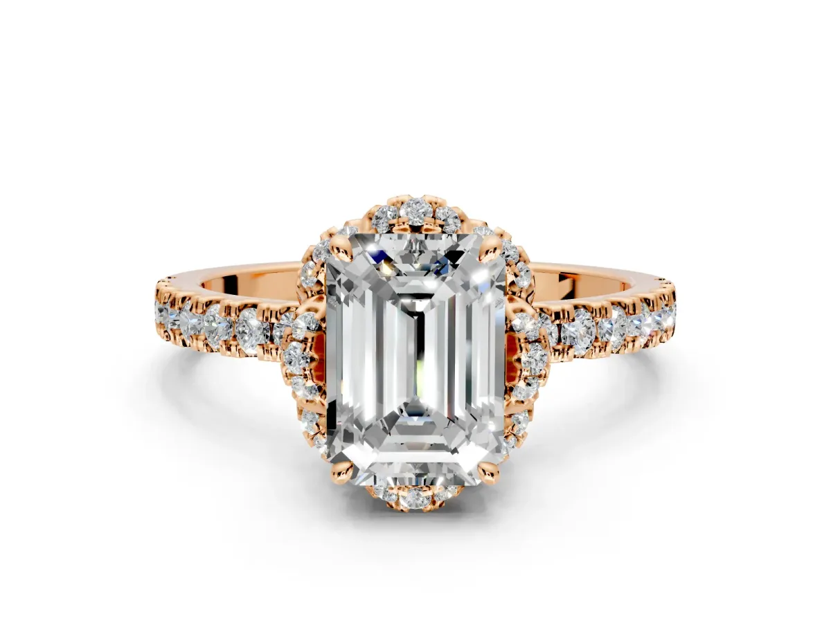 Halo Engagement Ring Setting for Emerald Cut Center with Openwork Halo, Pave Band and Prong Head in Rose Gold