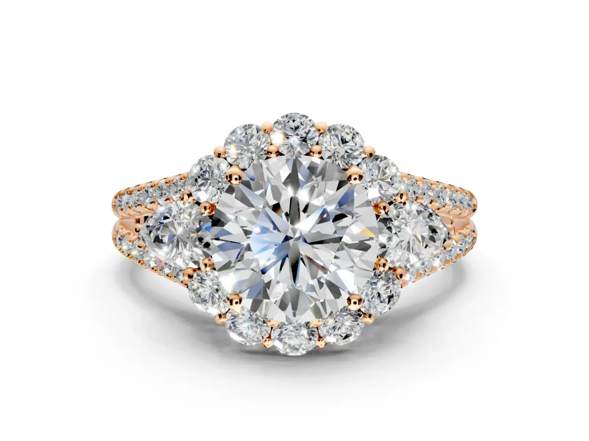 Halo Engagement Ring Setting for Round Cut Center with Two-Strand Split Shank and Prong Head in Rose Gold