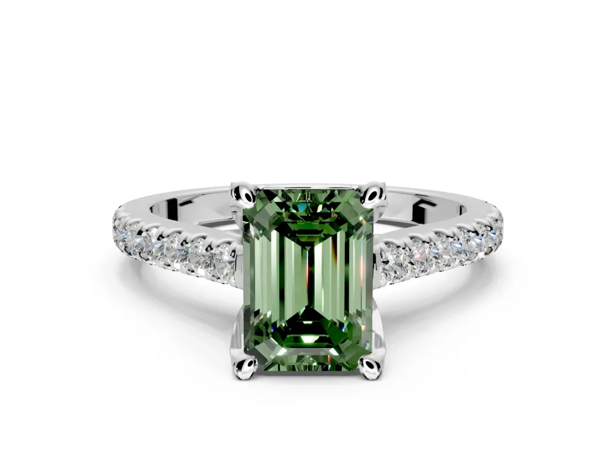 Solitaire Engagement Ring Setting for Fancy Green Emerald Cut Center with Widening Pave Band and Claw Prong Head in Sterling Silver