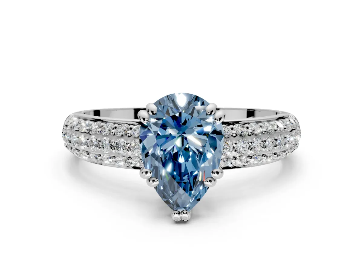 Solitaire Engagement Ring Setting for Fancy Blue Pear-Shaped Center with Multi-Row Pave Accents and Basket Head in Platinum