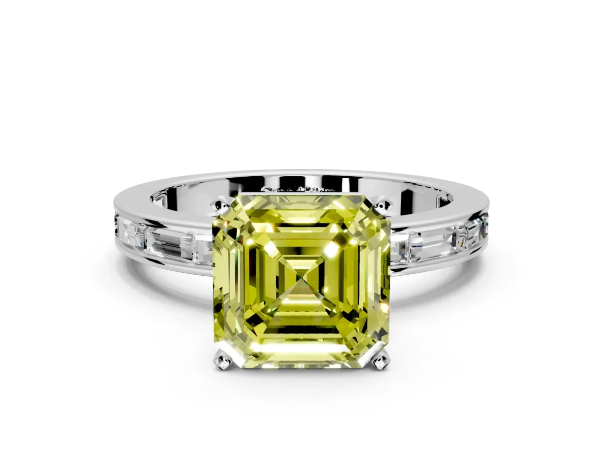 Solitaire Engagement Ring Setting for Fancy Yellow Asscher Cut Center with Channel Baguette Band and Prong Head in White Gold