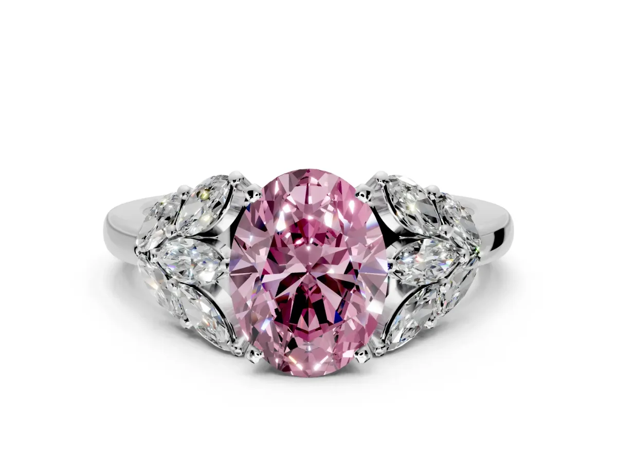 Leaf Cluster Engagement Ring Setting for Fancy Pink Oval Center with Marquise Accents and Prong Head in Platinum