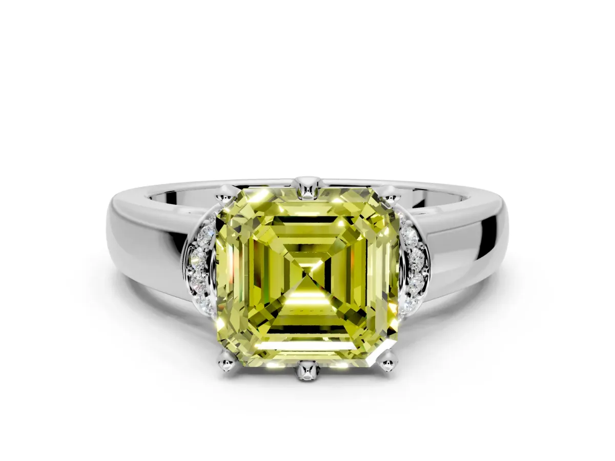 Solitaire Engagement Ring Setting for Fancy Yellow Asscher Cut Center with Wide Band, Pave Collar and Prong Head in Platinum