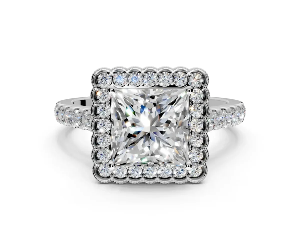 Milgrain Floral Halo Engagement Ring Setting for Princess Cut Center with Pave Band and Prong Head in White Gold