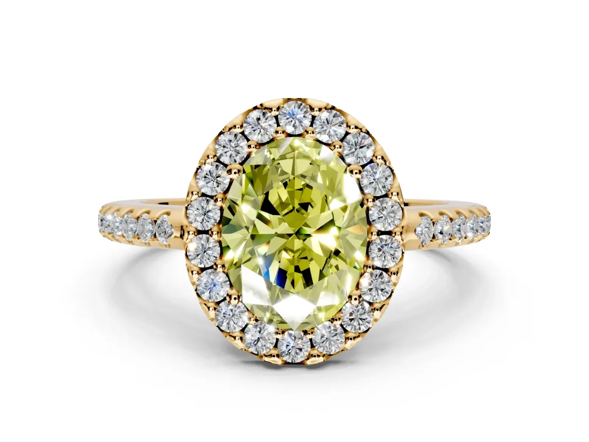 Pave Halo Engagement Ring Setting for Fancy Yellow Oval Center with Single Row Pave Band and Prong Head in Yellow Gold
