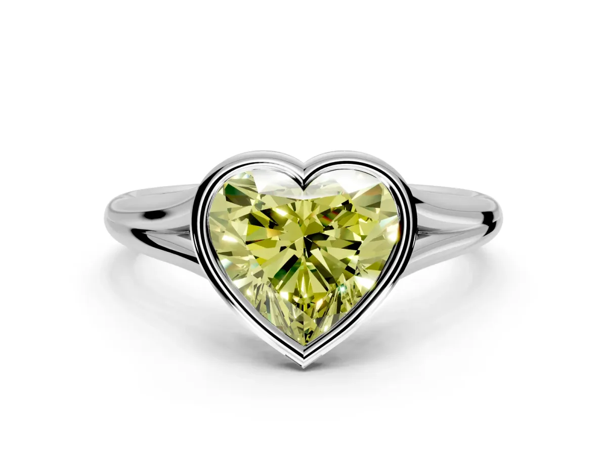 Solitaire Engagement Ring Setting for Fancy Yellow Heart-Shaped Center with V Split Shank and Bezel Head in Sterling Silver