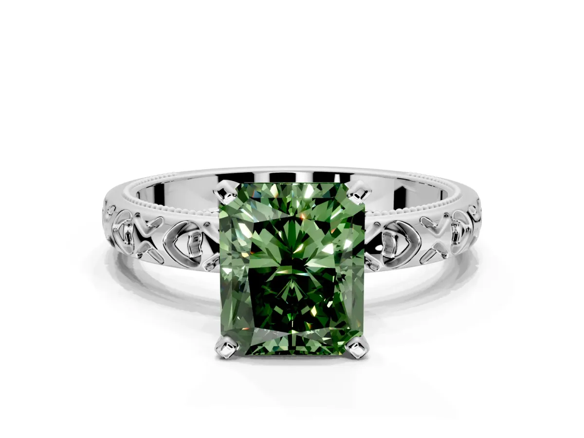 Solitaire Engagement Ring Setting for Fancy Green Radiant Cut Center with XO Engraved Band and Prong Head in White Gold