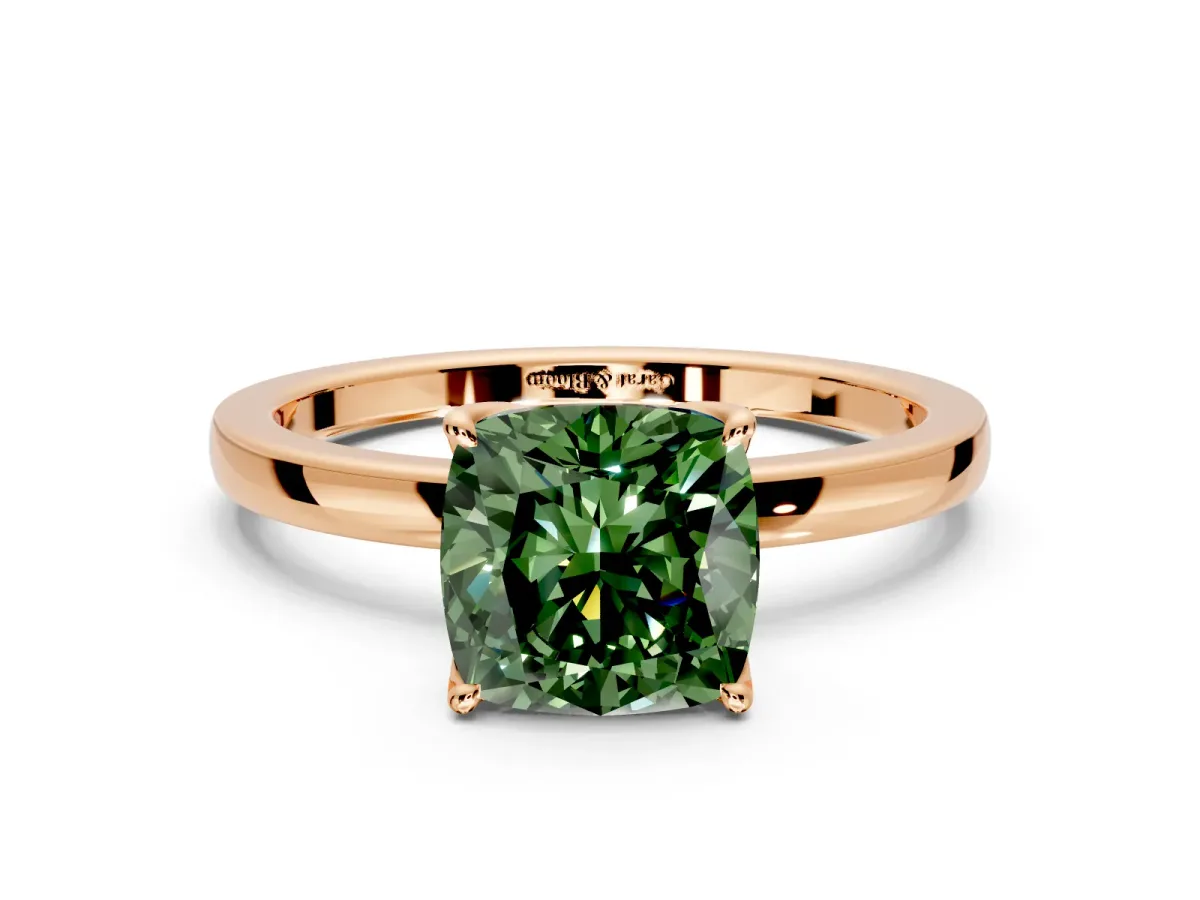 Solitaire Engagement Ring Setting for Fancy Green Cushion Cut Center with Thin Rounded Plain Band and Prong Head in Rose Gold