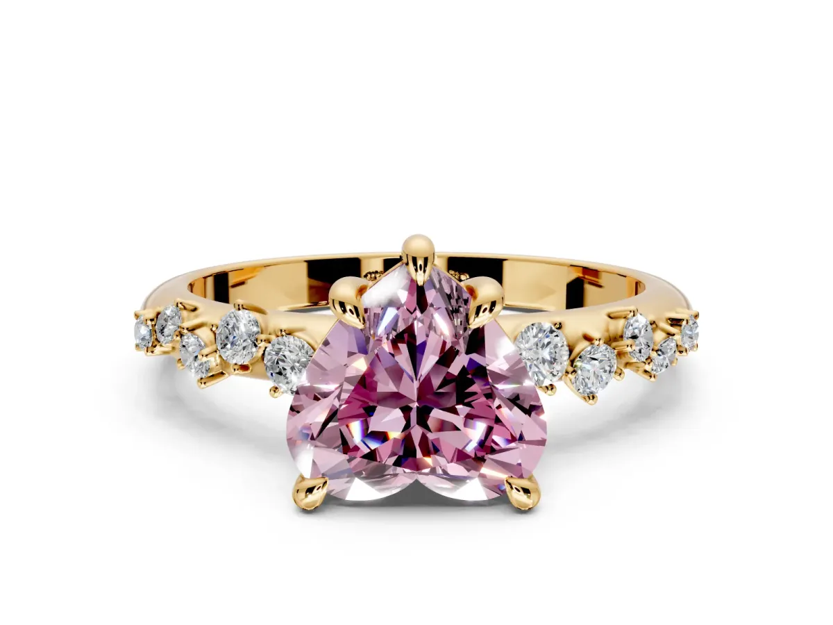 Solitaire Engagement Ring Setting for Fancy Pink Heart-Shaped Center with Trailing Leaf Accent Band and Prong Head in Yellow Gold