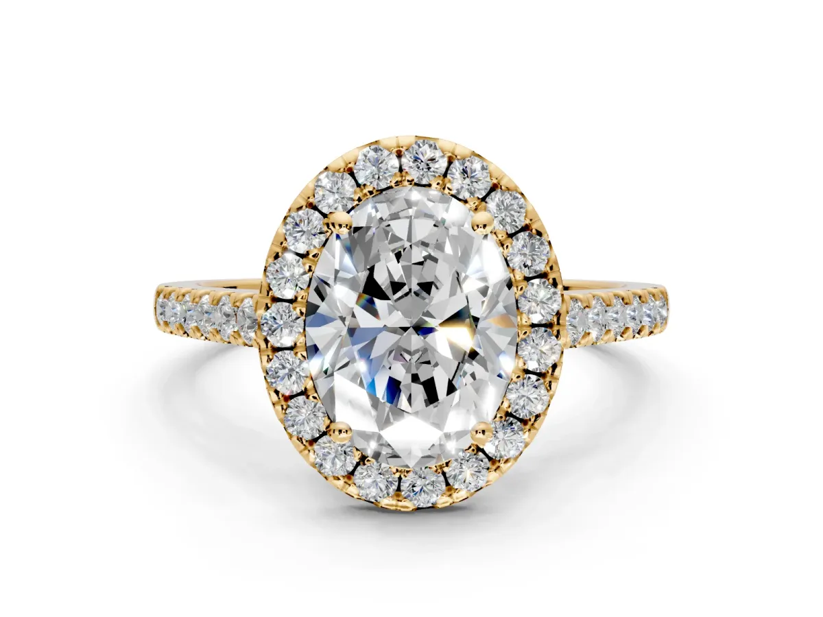 Halo Engagement Ring Setting for Oval Center with Narrowing Pave Band and Prong Head in Yellow Gold