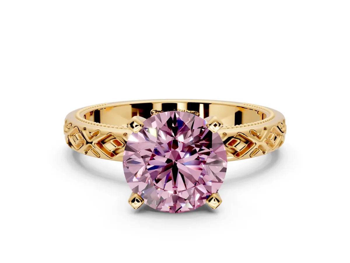 Solitaire Engagement Ring Setting for Fancy Pink Round Cut Center with Milgrain X Pattern Band and Prong Head in Yellow Gold