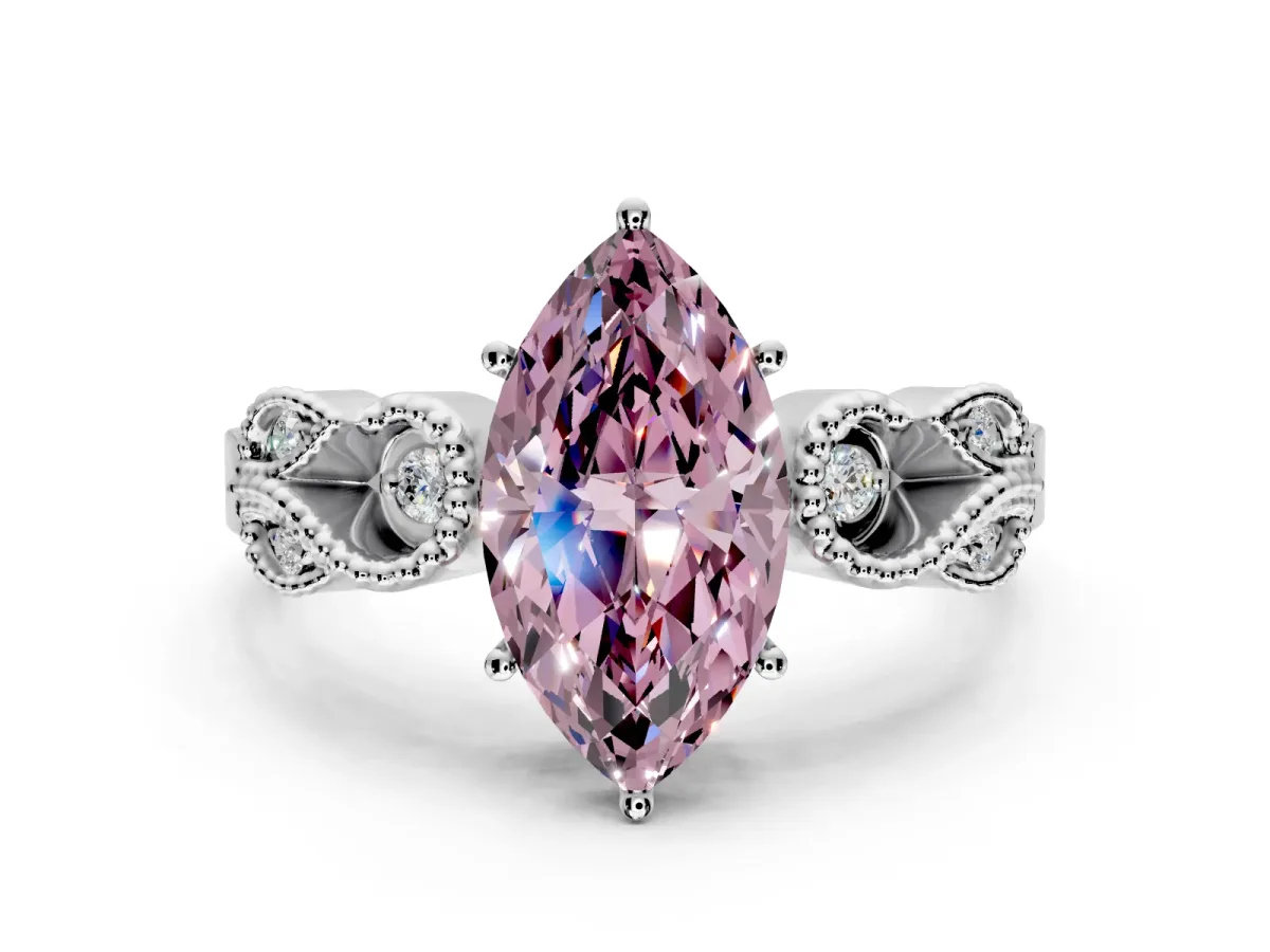 Leaf Engagement Ring Setting for Fancy Pink Marquise Center with Milgrain Accent Band and Prong Head in White Gold