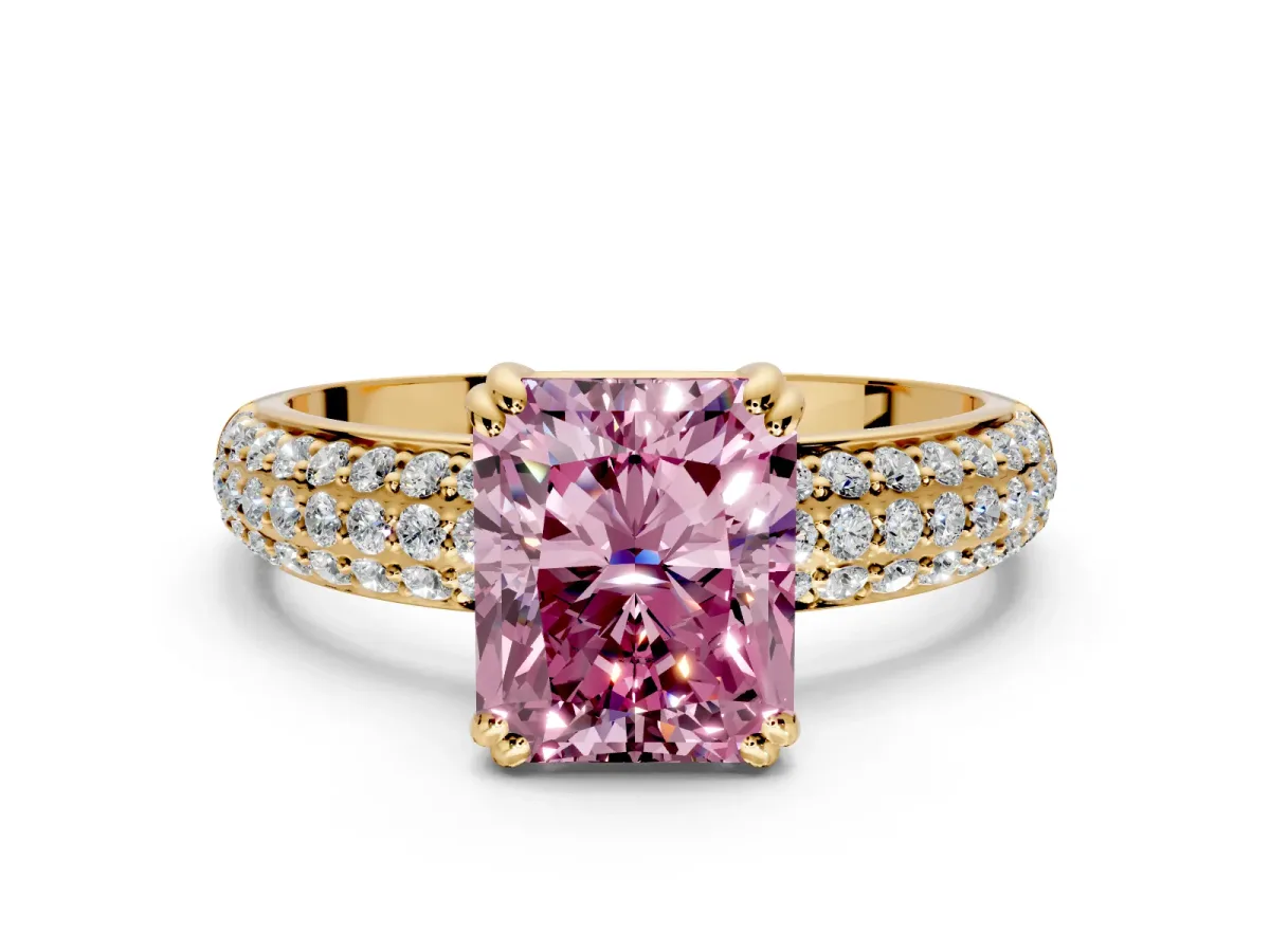 Solitaire Engagement Ring Setting for Fancy Pink Radiant Cut Center with Multi-Row Pave Accents and Basket Head in Yellow Gold