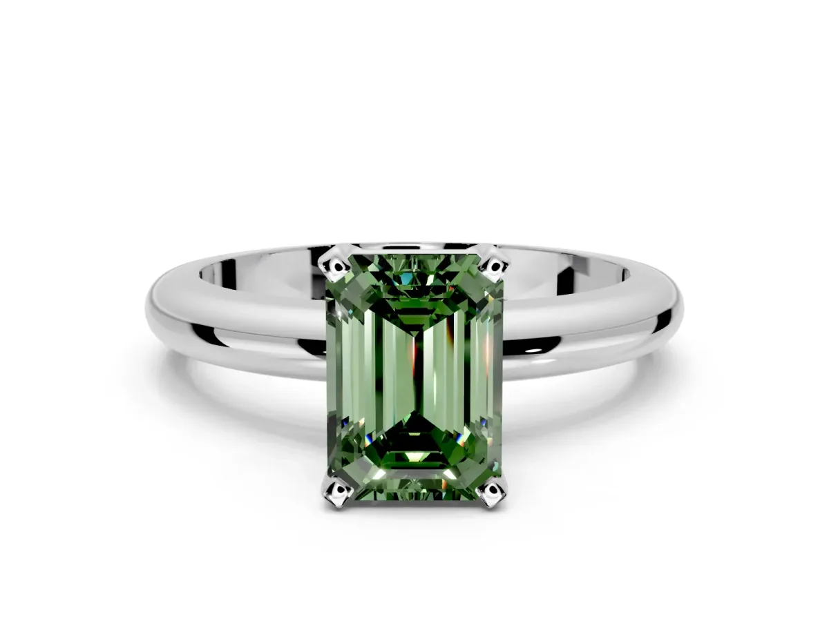 Solitaire Engagement Ring Setting for Fancy Green Emerald Cut Center with Wire Band and Prong Head in White Gold