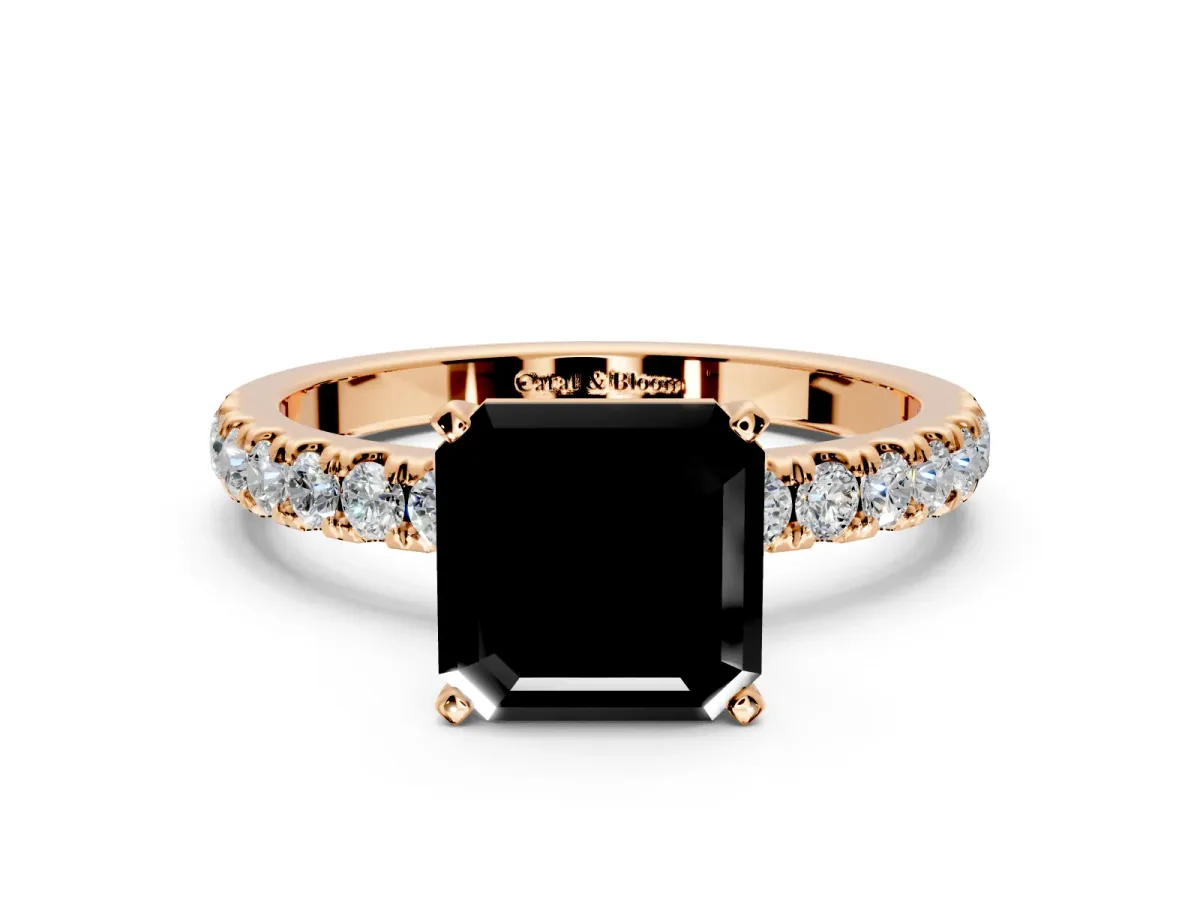 Open Basket Engagement Ring Setting for Fancy Black Asscher Cut Center with Pave Band and Prong Head in Rose Gold