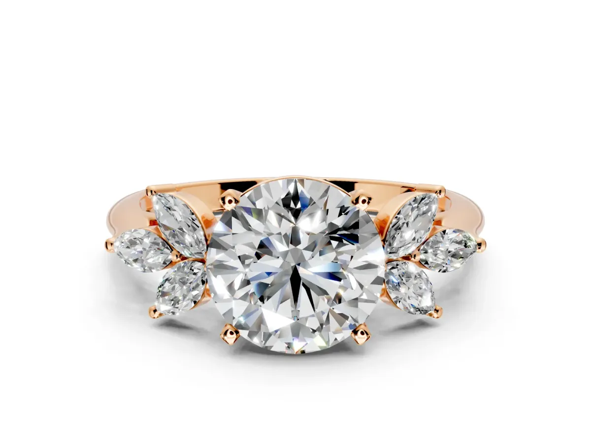 Floral Cluster Engagement Ring Setting for Round Cut Center with Marquise Accents and Prong Head in Rose Gold