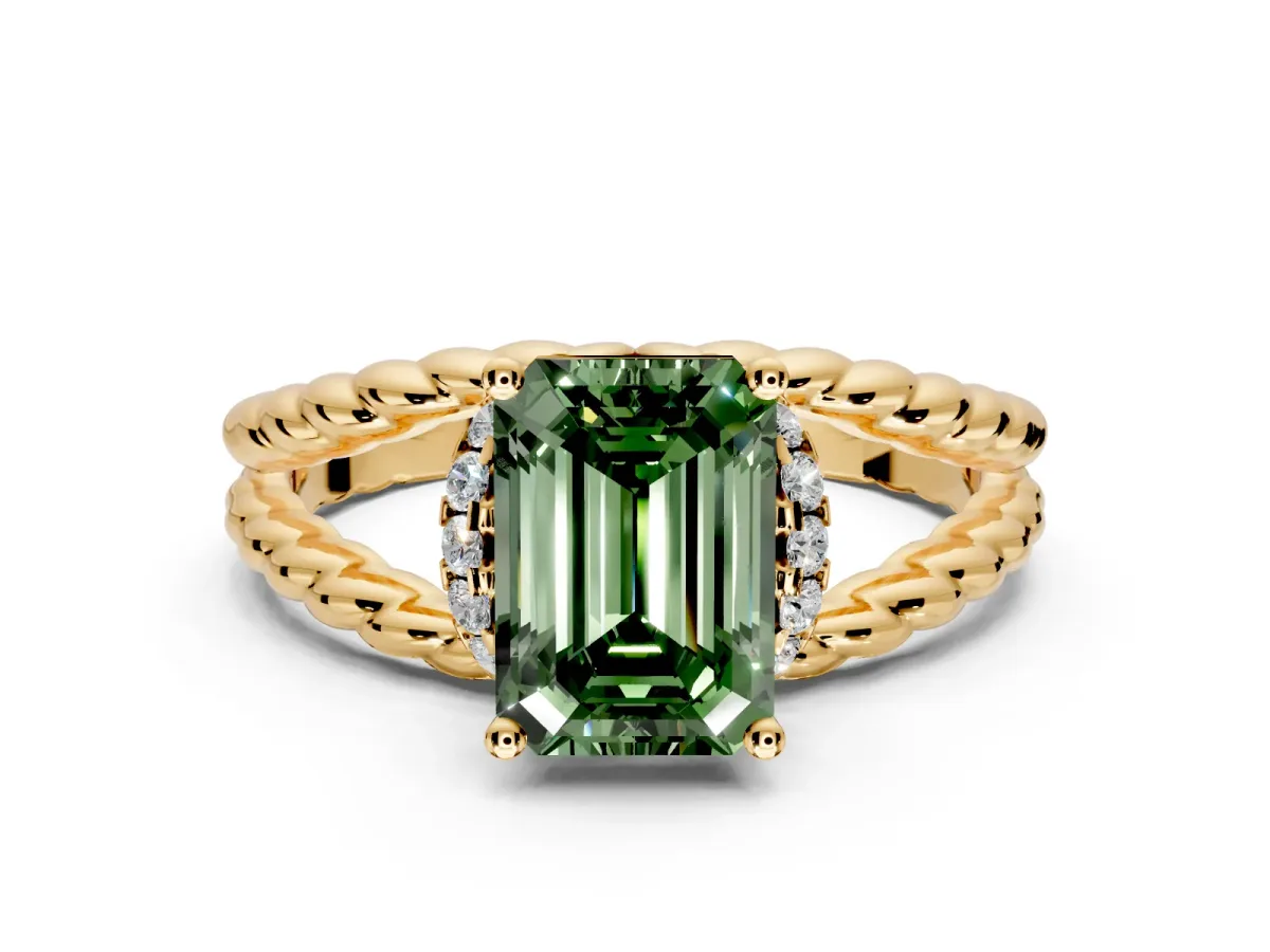 Halo Engagement Ring Setting for Fancy Green Emerald Cut Center with Rope Twist Split Shank and Prong Head in Yellow Gold