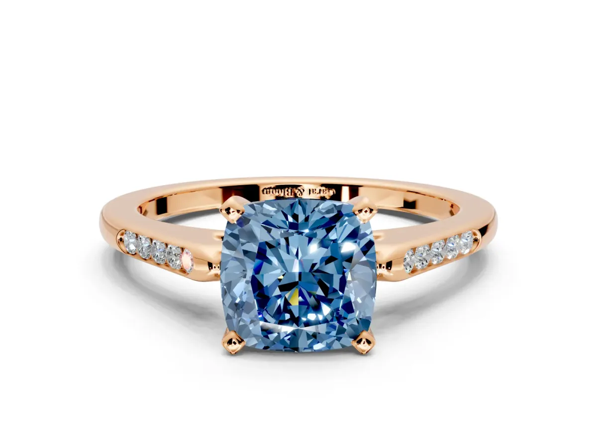 Solitaire Engagement Ring Setting for Fancy Blue Cushion Cut Center with Channel Accents and Prong Head in Rose Gold