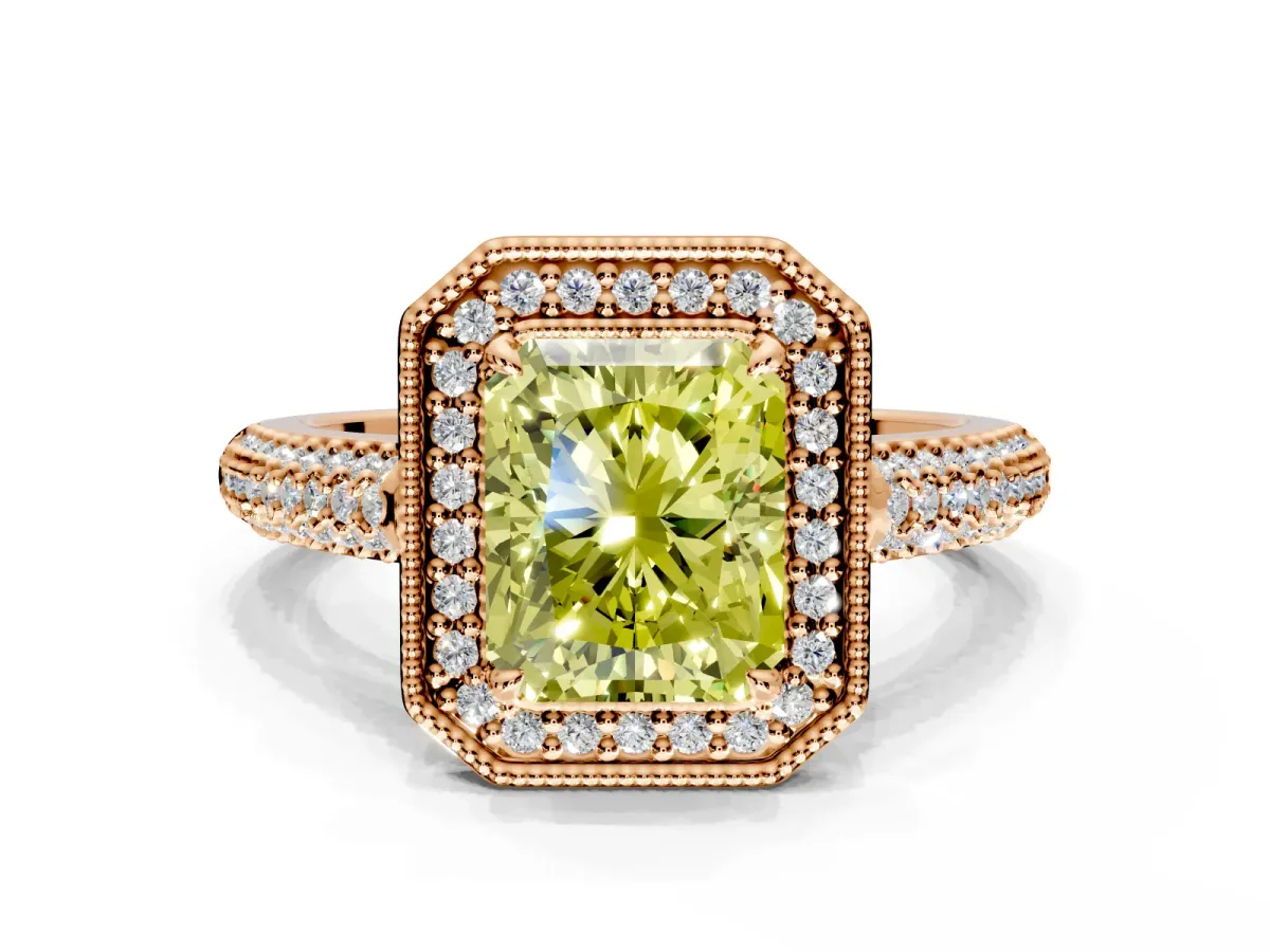 Milgrain Halo Engagement Ring Setting for Fancy Yellow Radiant Cut Center with Three-Sided Pave Band and Prong Head in Rose Gold