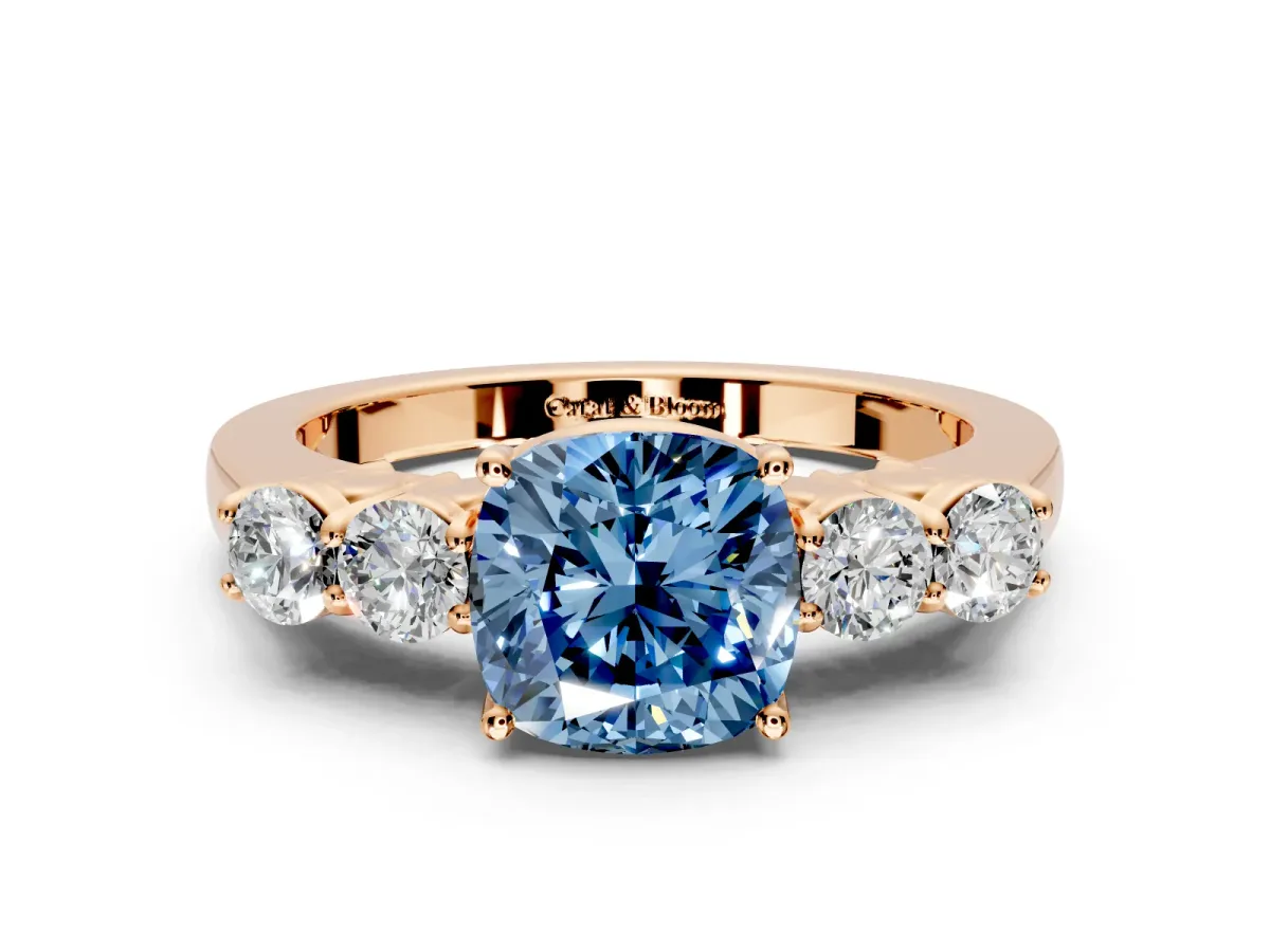 5 Stone Engagement Ring Setting for Fancy Blue Cushion Cut Center with Equal Close-Set Accents and Prong Head in Rose Gold