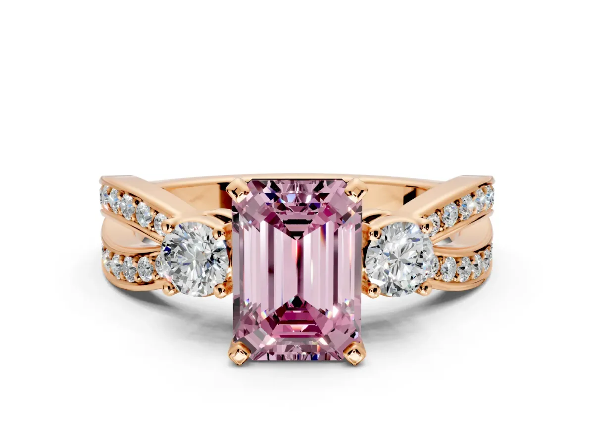 3 Stone Engagement Ring Setting for Fancy Pink Emerald Cut Center with Pave Twist Band and Prong Head in Rose Gold