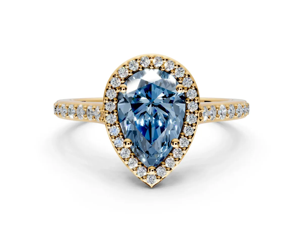 Halo Engagement Ring Setting for Fancy Blue Pear-Shaped Center with Pave Accents, Heart Basket and Prong Head in Yellow Gold