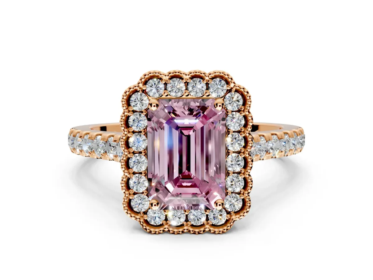Milgrain Floral Halo Engagement Ring Setting for Fancy Pink Emerald Cut Center with Pave Band and Prong Head in Rose Gold