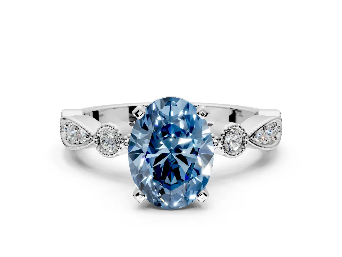 Solitaire Engagement Ring Setting for Fancy Blue Oval Center with Milgrain Bezel Accents and Prong Head in Platinum