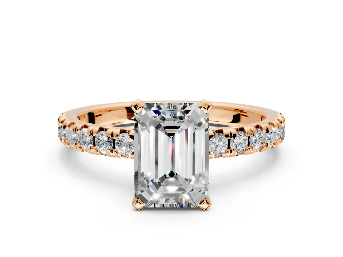Solitaire Engagement Ring Setting for Emerald Cut Center with Large Accents and Prong Head in Rose Gold