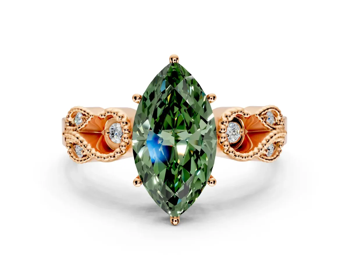 Leaf Engagement Ring Setting for Fancy Green Marquise Center with Milgrain Accent Band and Prong Head in Rose Gold