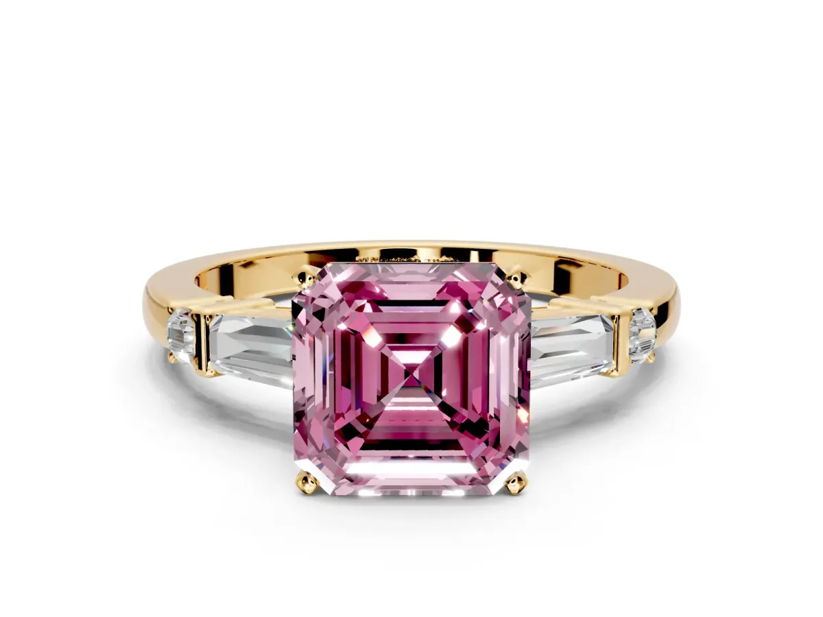 Bar-Set Engagement Ring Setting for Fancy Pink Asscher Cut Center with Tapered Baguette Accents and Prong Head in Yellow Gold