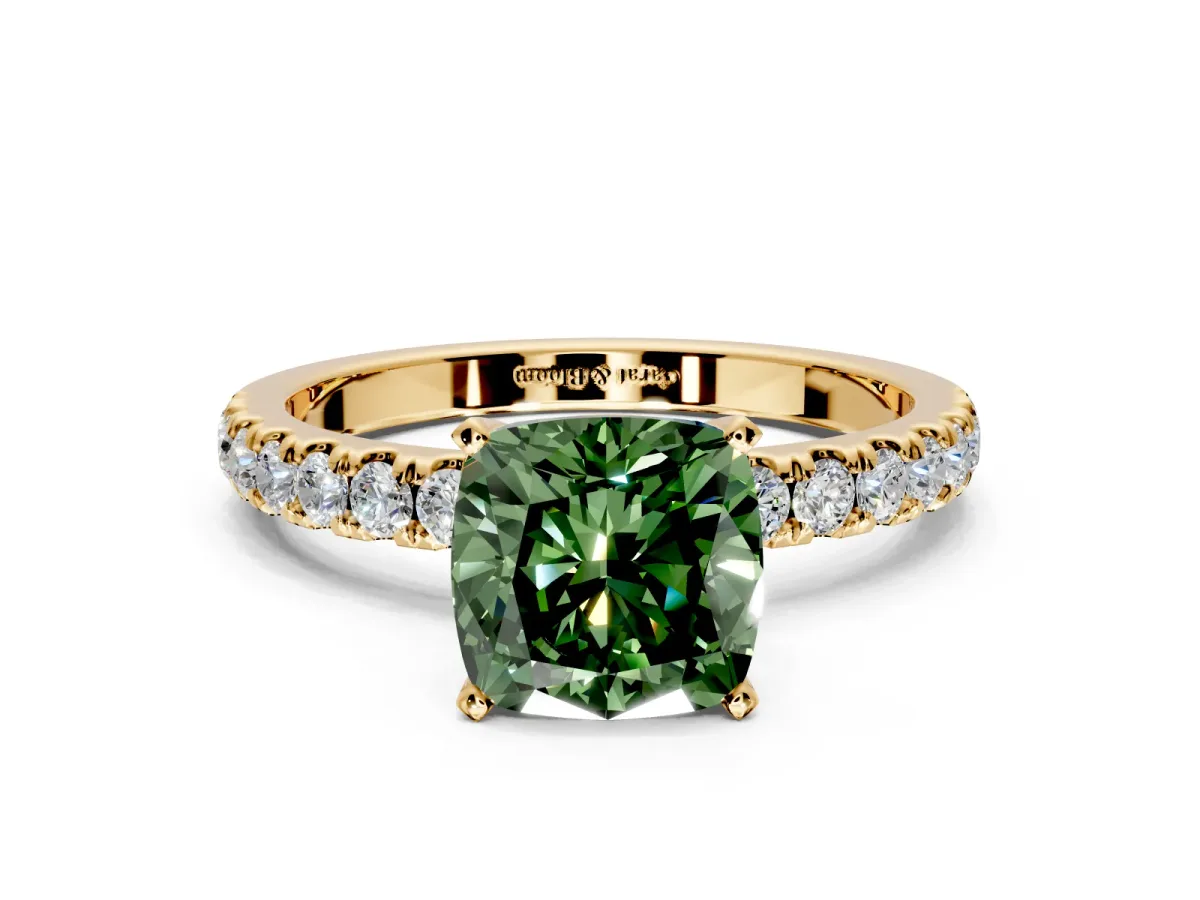 Open Basket Engagement Ring Setting for Fancy Green Cushion Cut Center with Pave Band and Prong Head in Yellow Gold
