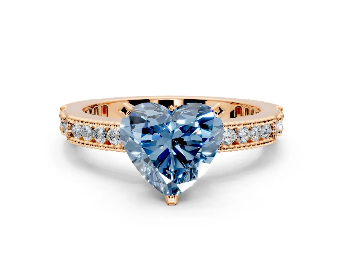 Solitaire Engagement Ring Setting for Fancy Blue Heart-Shaped Center with Milgrain-Edged Pave Band and Prong Head in Rose Gold