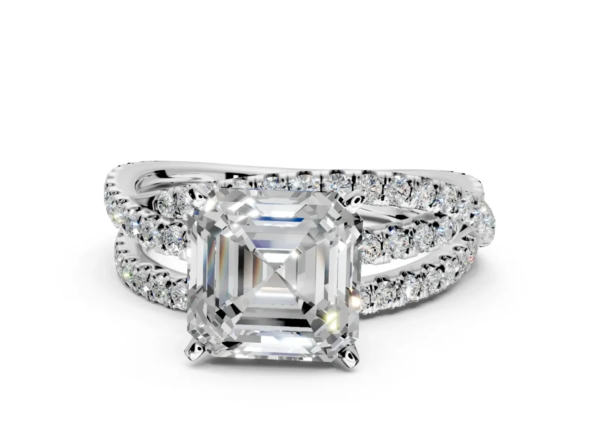 Solitaire Engagement Ring Setting for Asscher Cut Center with Woven 3-Strand Pave Band and Prong Head in Sterling Silver