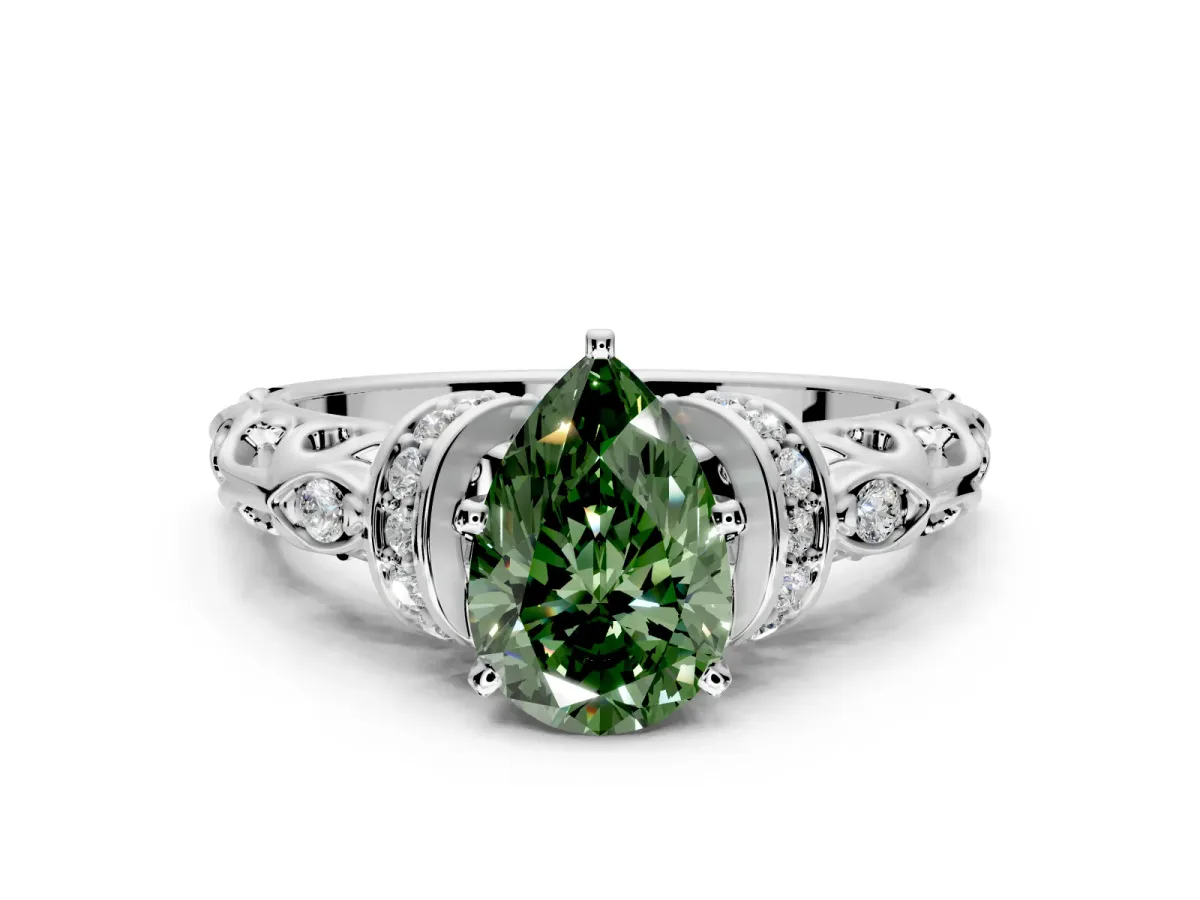 Solitaire Engagement Ring Setting for Fancy Green Pear-Shaped Center with Filigree Band and Prong Head in Platinum