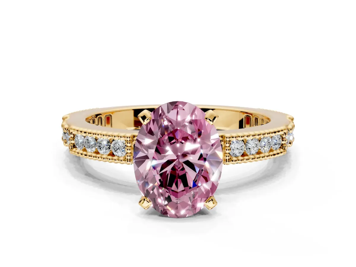 Solitaire Engagement Ring Setting for Fancy Pink Oval Center with Milgrain-Edged Pave Band and Prong Head in Yellow Gold