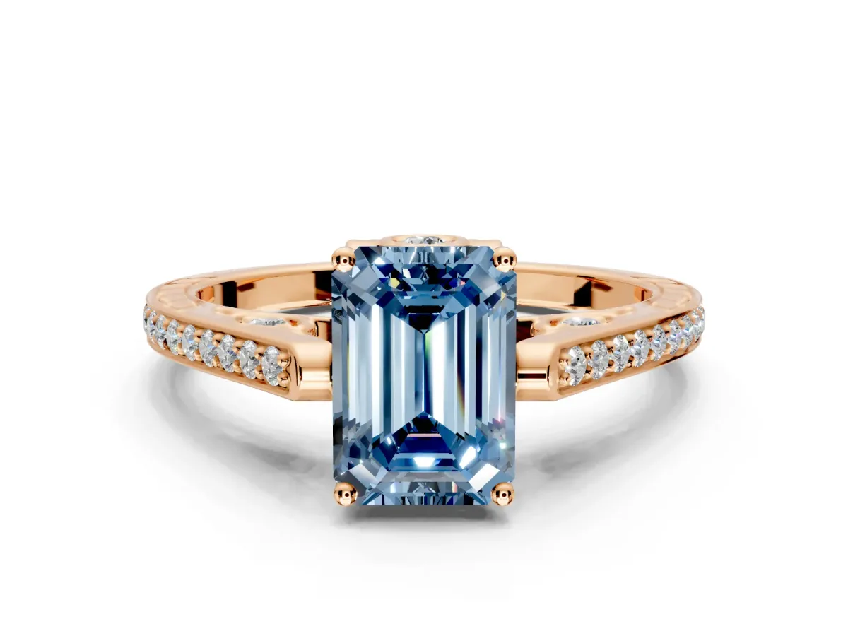 Cathedral Engagement Ring Setting for Fancy Blue Emerald Cut Center with Antique-Style Pave Band and Prong Head in Rose Gold