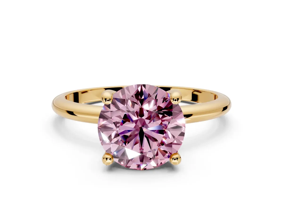 Minimalist Solitaire Engagement Ring Setting for Fancy Pink Round Cut Center with Thin Band and Prong Head in Yellow Gold
