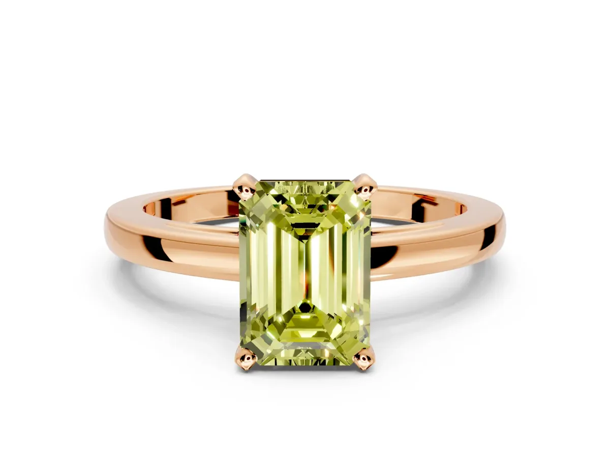 Solitaire Engagement Ring Setting for Fancy Yellow Emerald Cut Center with Basket Rail and Prong Head in Rose Gold