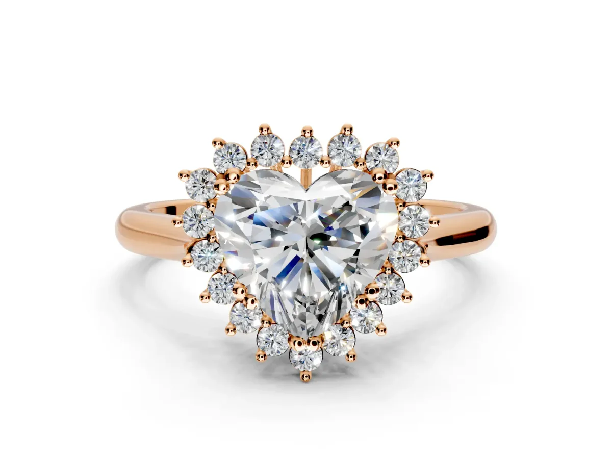 Starburst Halo Engagement Ring Setting for Heart-Shaped Center with Thin Round-Wire Band and Prong Head in Rose Gold
