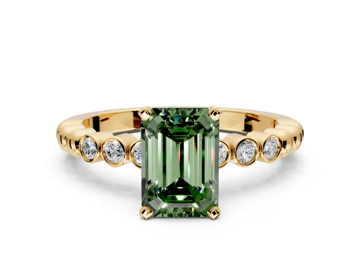Solitaire Engagement Ring Setting for Fancy Green Emerald Cut Center with Bezel-Dot Beaded Band and Prong Head in Yellow Gold