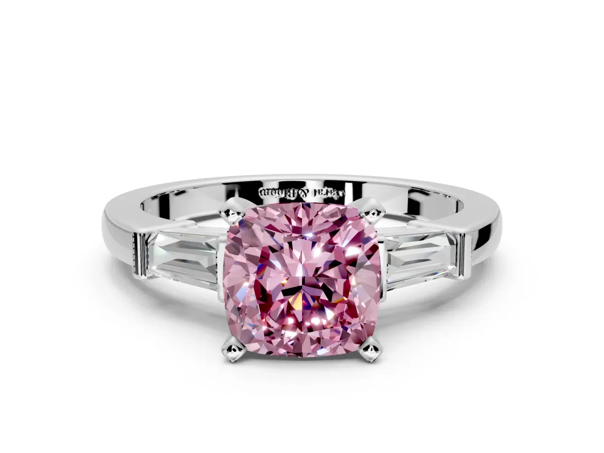 3 Stone Engagement Ring Setting for Fancy Pink Cushion Cut Center with Channel Baguette Accents and Prong Head in Platinum