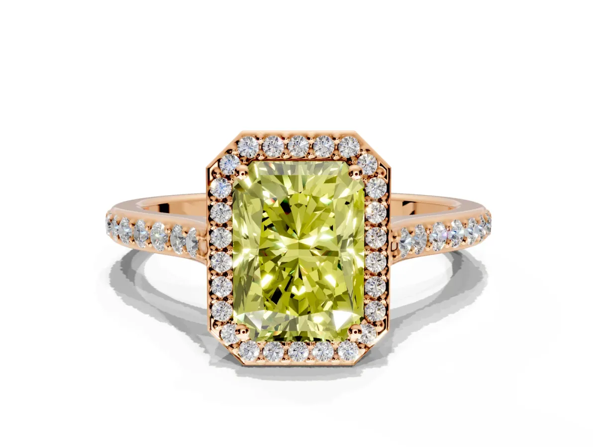 Halo Engagement Ring Setting for Fancy Yellow Radiant Cut Center with Pave Accents, Heart Basket and Prong Head in Rose Gold