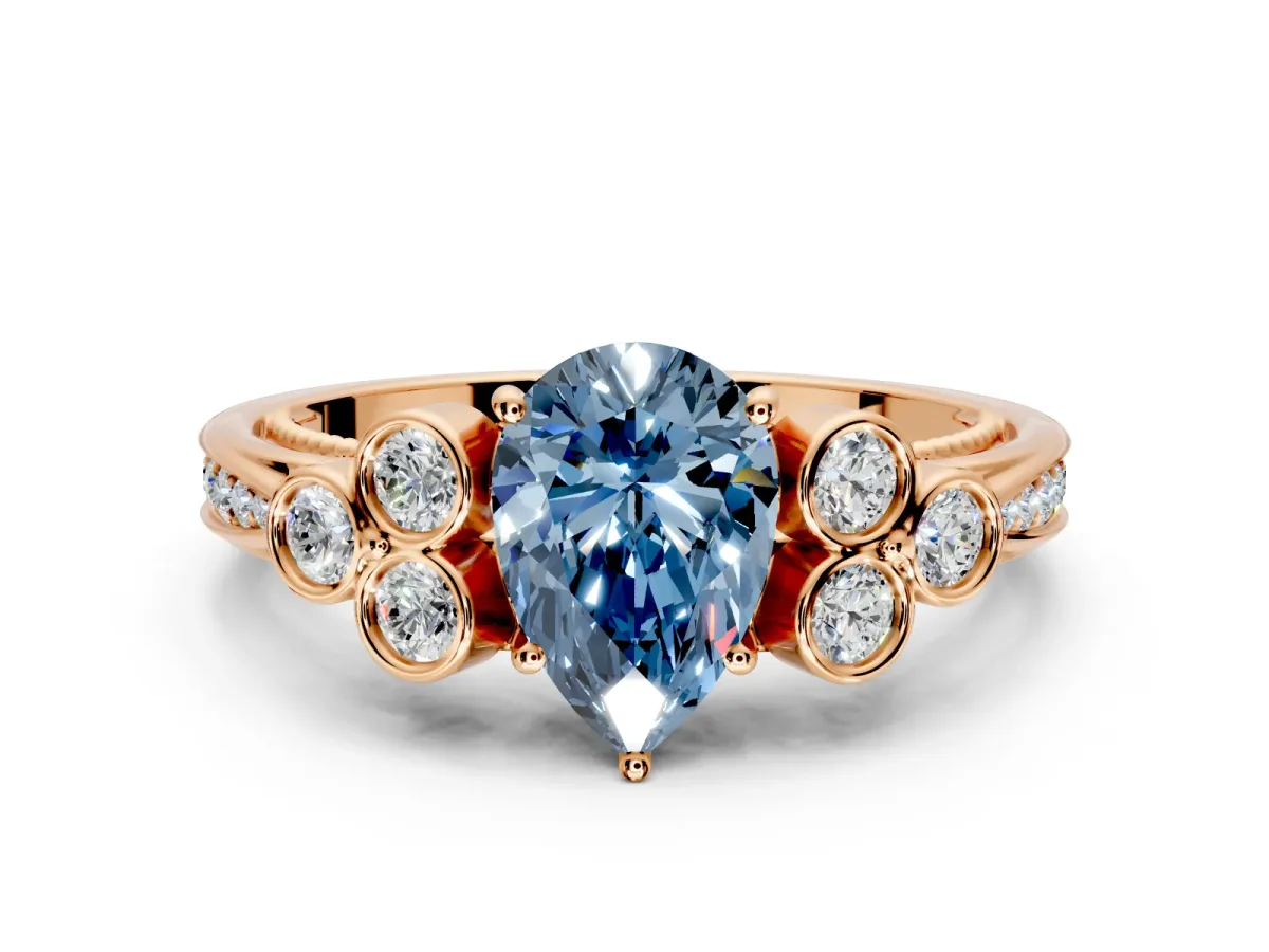 Cluster Engagement Ring Setting for Fancy Blue Pear-Shaped Center with Bezel Accent Clusters and Prong Head in Rose Gold