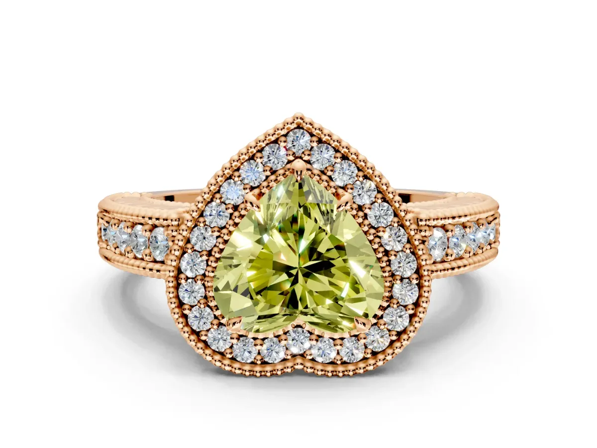 Milgrain Halo Engagement Ring Setting for Fancy Yellow Heart-Shaped Center with Pave Band and Prong Head in Rose Gold