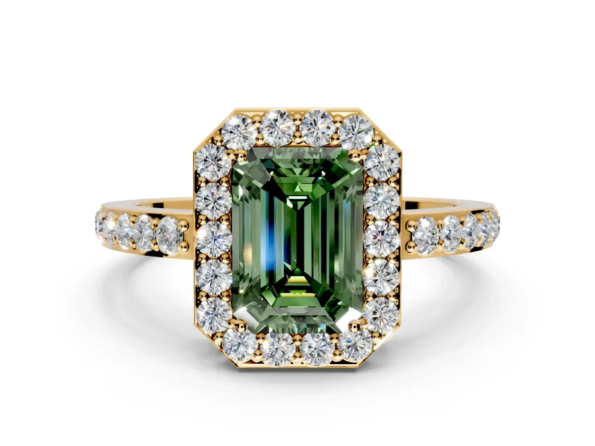 Halo Engagement Ring Setting for Fancy Green Emerald Cut Center with Heart-Shaped Openwork, Pave Band and Prong Head in Yellow Gold